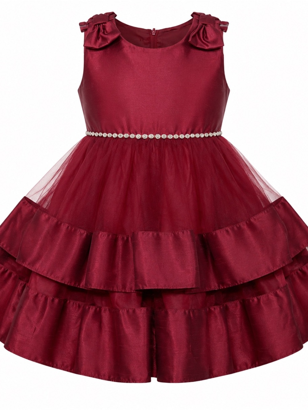 Elegant Burgundy Layered Dress with Pearl Detail